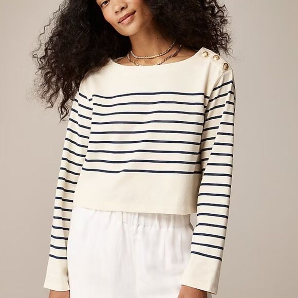 J. Crew Tops - J. Crew Cropped boatneck T-shirt with buttons in mariner cotton
